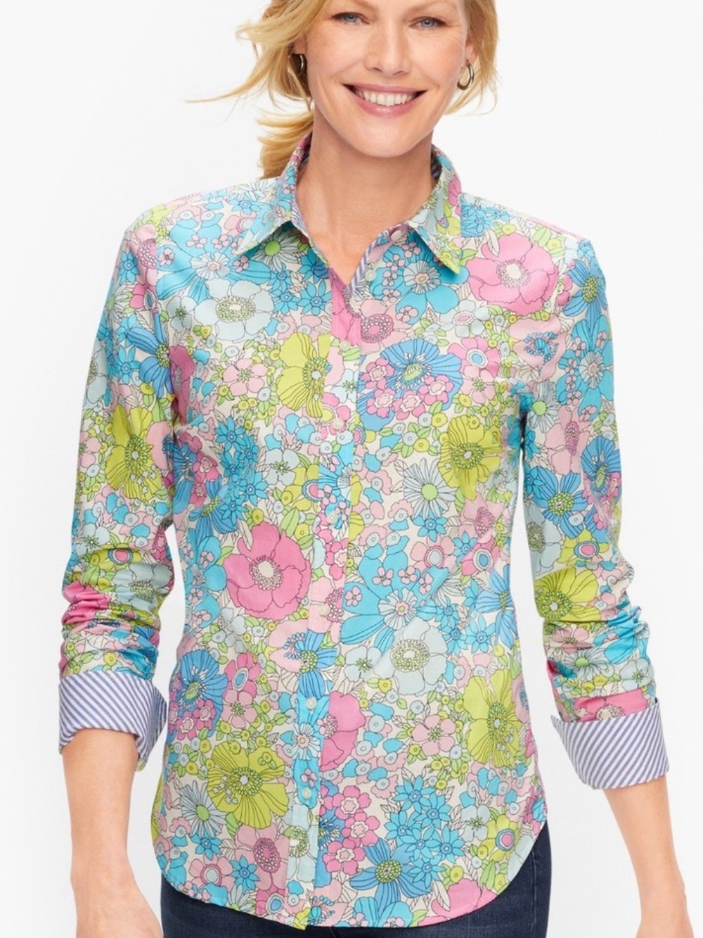 Talbots Pastel Retro Floral Button Down Shirt Size L